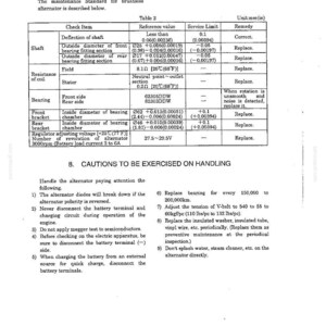 Puede incluir: Documento t&eacute;cnico detallado con tablas y texto, titulado "EST&Aacute;NDAR DE MANTENIMIENTO", centrado en alternadores sin escobillas. Incluye especificaciones para la deflexi&oacute;n del eje, dimensiones de los cojinetes y resistencia de la bobina, con l&iacute;mites de servicio y soluciones.