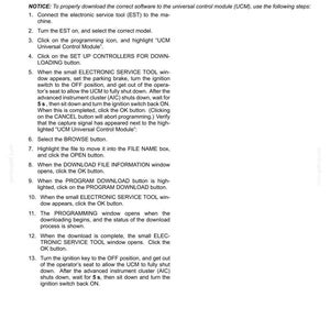 May include: A document detailing the steps for downloading and programming a universal control module (UCM) in an electrical system. The text includes instructions for using an electronic service tool and setting up controllers.