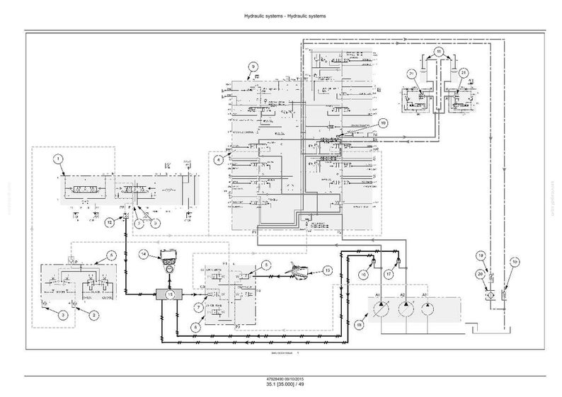 May include: A detailed technical diagram of a hydraulic system, rendered in black and white. The diagram features various components, including pumps, valves, and pipelines, with numbered labels and connecting lines. The title "Hydraulic systems - Hydraulic systems" is at the top.