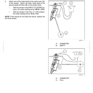 May include: Diagram illustrating the testing of a fuel level sender with an ohmmeter. The image includes labeled components, wiring, and text instructions for testing the sender in both empty and full positions. The meter readings are 162 &plusmn; 10 &Omega; and 10 &plusmn; 4 &Omega;.