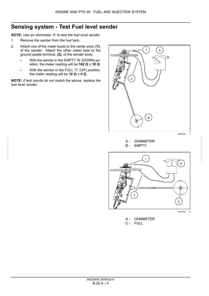 May include: Diagram illustrating the testing of a fuel level sender with an ohmmeter. The image includes labeled components, wiring, and text instructions for testing the sender in both empty and full positions. The meter readings are 162 &plusmn; 10 &Omega; and 10 &plusmn; 4 &Omega;.