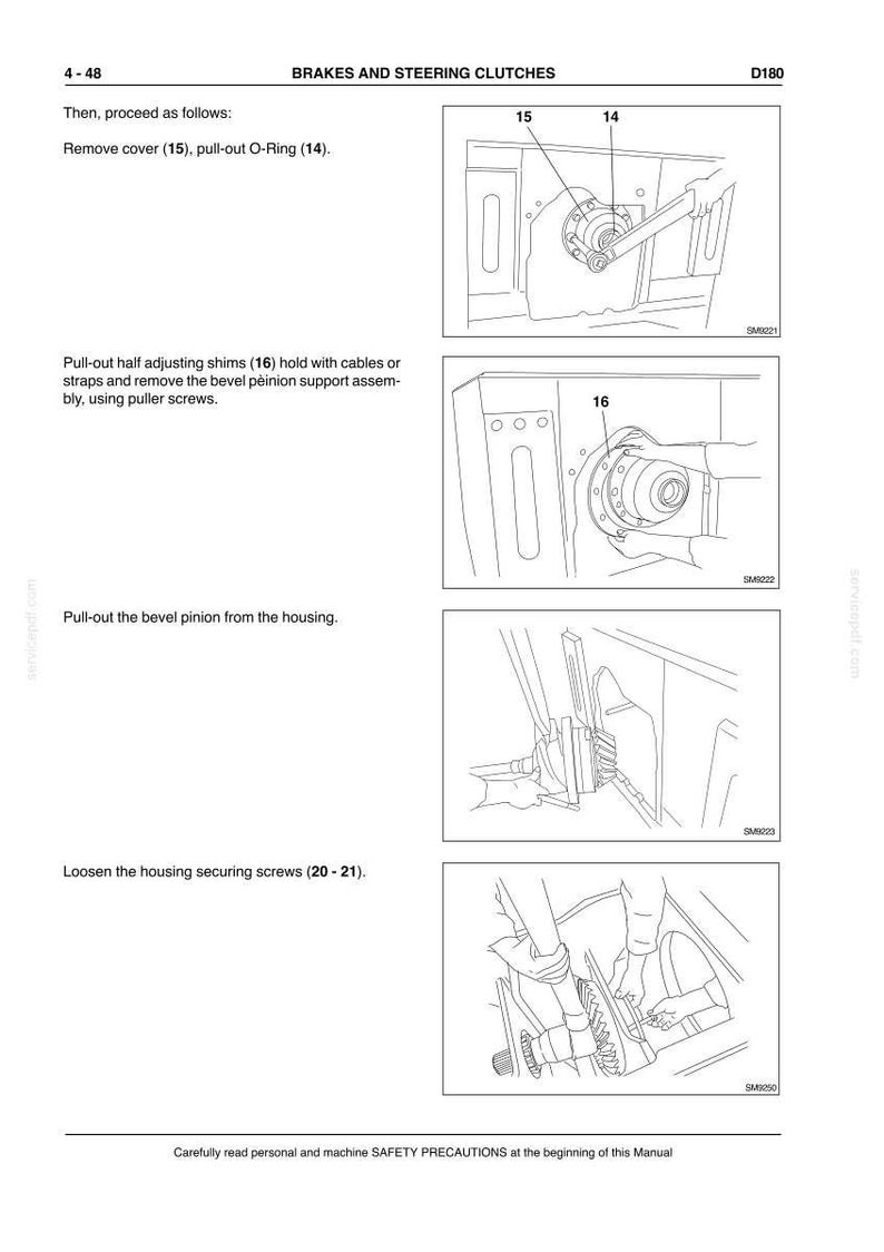 Puede incluir: Diagrama de un manual que muestra los pasos para el mantenimiento de los frenos y embragues de direcci&oacute;n. Incluye ilustraciones de la extracci&oacute;n de cubiertas, juntas t&oacute;ricas, calzas y tornillos de fijaci&oacute;n. El texto incluye instrucciones y n&uacute;meros de pieza.
