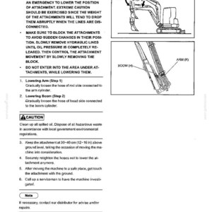 May include: A technical manual page titled 3. MACHINE OPERATION, C. LOWERING ARM & BOOM. It features black and white line drawings of an excavator, labeled diagrams of the boom and arm, and detailed safety instructions for lowering attachments.