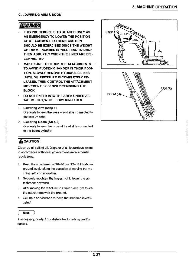 May include: A technical manual page titled 3. MACHINE OPERATION, C. LOWERING ARM & BOOM. It features black and white line drawings of an excavator, labeled diagrams of the boom and arm, and detailed safety instructions for lowering attachments.