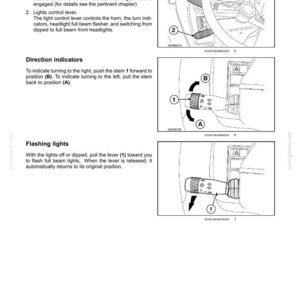 May include: A technical manual page titled 3-CONTROLS AND INSTRUMENTS showing diagrams of a vehicle's power shuttle control lever and light control lever. The illustrations demonstrate how to operate direction indicators and flashing lights.