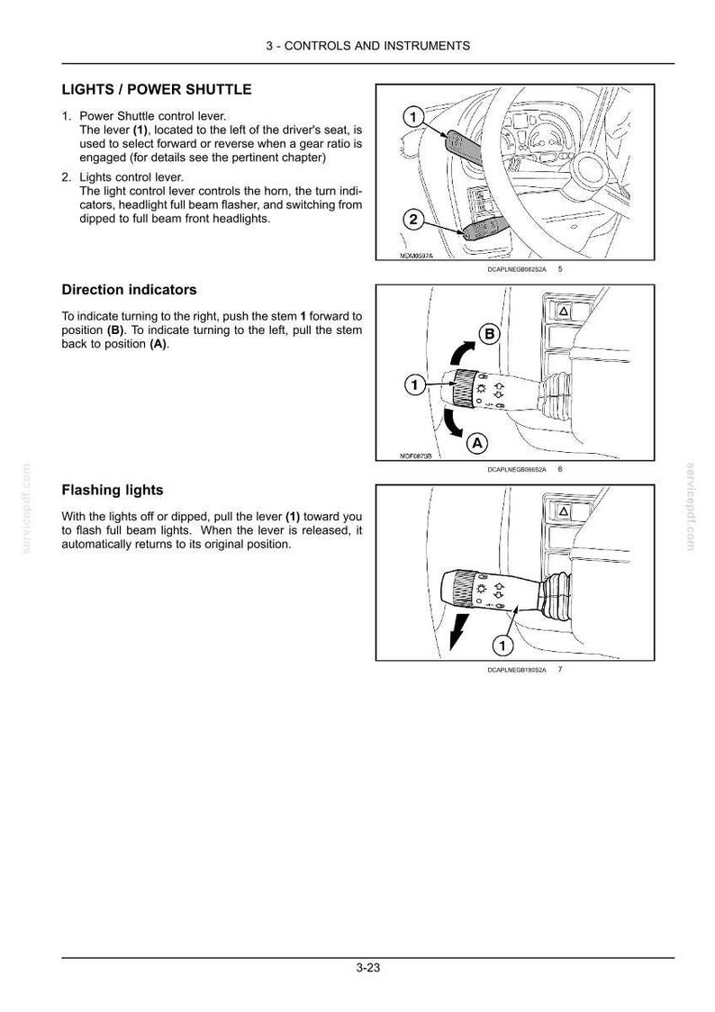 May include: A technical manual page titled 3-CONTROLS AND INSTRUMENTS showing diagrams of a vehicle's power shuttle control lever and light control lever. The illustrations demonstrate how to operate direction indicators and flashing lights.
