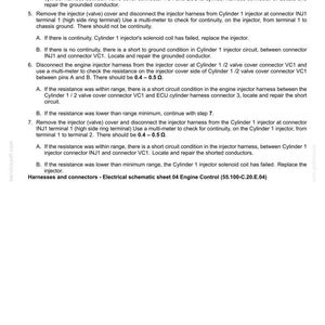 May include: A page from an electrical systems manual detailing fault codes. The text describes troubleshooting steps for engine injector circuits, including checking for continuity and resistance with a multimeter. The document includes diagrams and specifications.