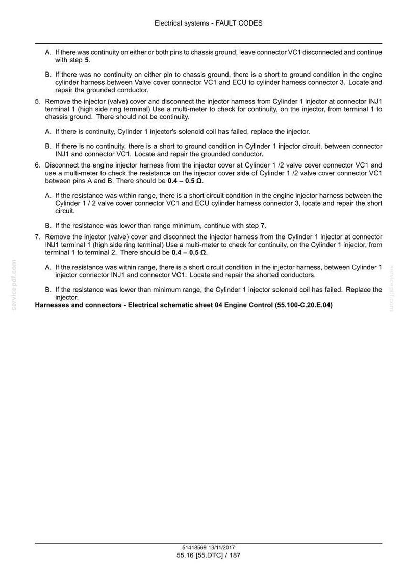 May include: A page from an electrical systems manual detailing fault codes. The text describes troubleshooting steps for engine injector circuits, including checking for continuity and resistance with a multimeter. The document includes diagrams and specifications.