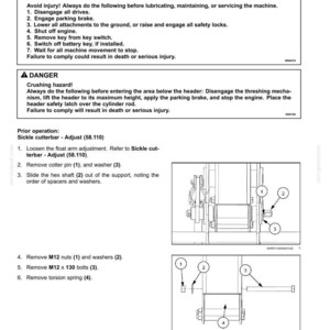 May include: Diagram of a sickle cutterbar removal procedure, including warnings and safety instructions. The image shows numbered steps with illustrations of parts like nuts, bolts, and a torsion spring. Text includes safety warnings and instructions.