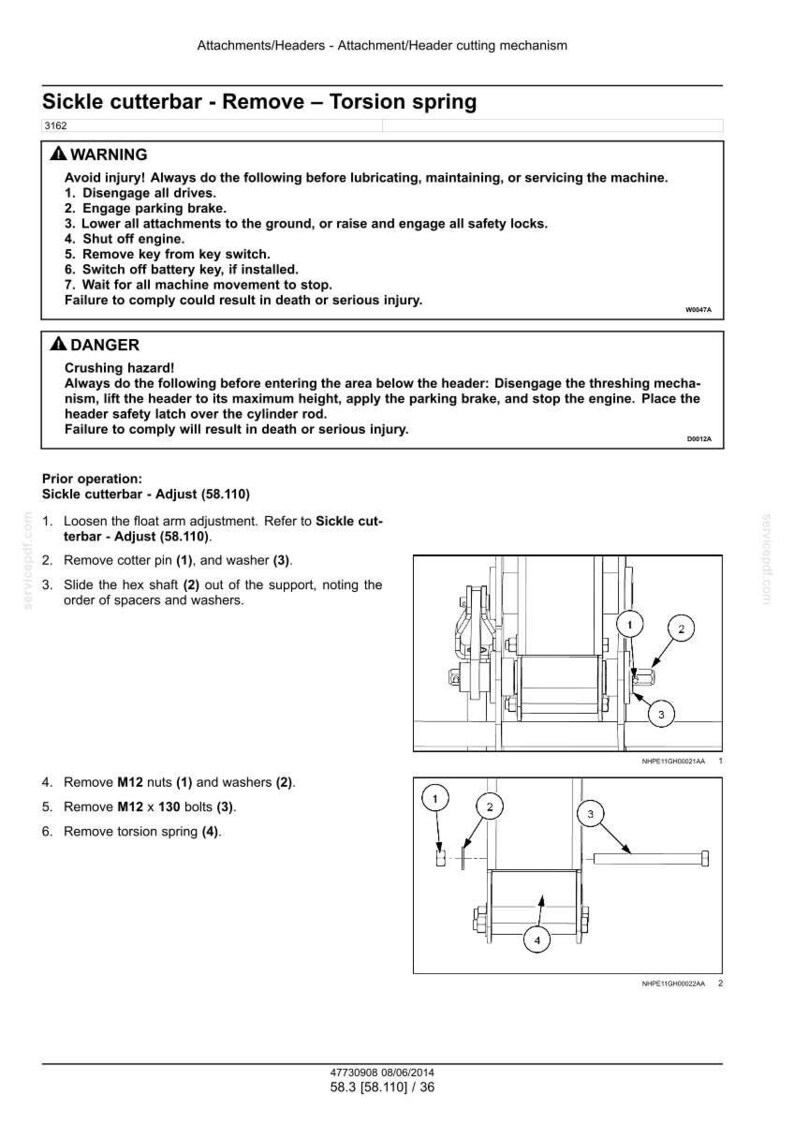 May include: Diagram of a sickle cutterbar removal procedure, including warnings and safety instructions. The image shows numbered steps with illustrations of parts like nuts, bolts, and a torsion spring. Text includes safety warnings and instructions.