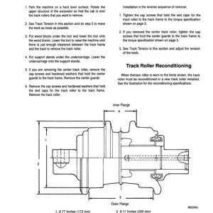 May include: Diagram of a track roller with dimensions in inches and millimeters. The diagram includes labels for the inner and outer flanges, with measurements such as 6.77 inches (172 mm) and 8.35 inches (212 mm).