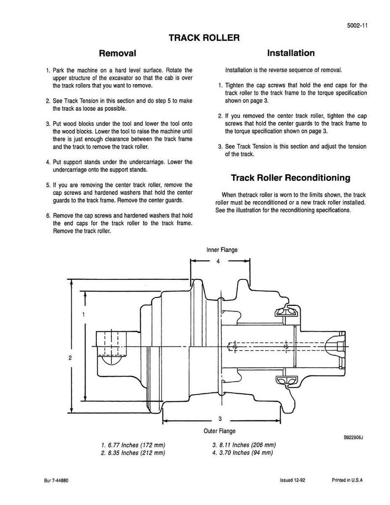 May include: Diagram of a track roller with dimensions in inches and millimeters. The diagram includes labels for the inner and outer flanges, with measurements such as 6.77 inches (172 mm) and 8.35 inches (212 mm).