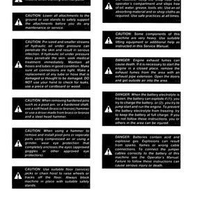 May include: A page of safety warnings and instructions, featuring black text on a white background. The warnings cover topics like hot parts, hydraulic oil, and battery safety. The document includes caution and danger alerts.