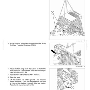 May include: Diagram showing transport operations for a machine, with numbered steps and labels. The image depicts a machine with a protective structure, slings, and lifting points. Text provides instructions for connecting slings and lifting the machine.