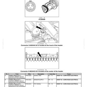 May include: Diagram of electrical connectors and harnesses, including a plug labeled X-983HHC-B. The image includes close-up views of the plug and its location, along with a table detailing pin connections, wire descriptions, and color-size information.