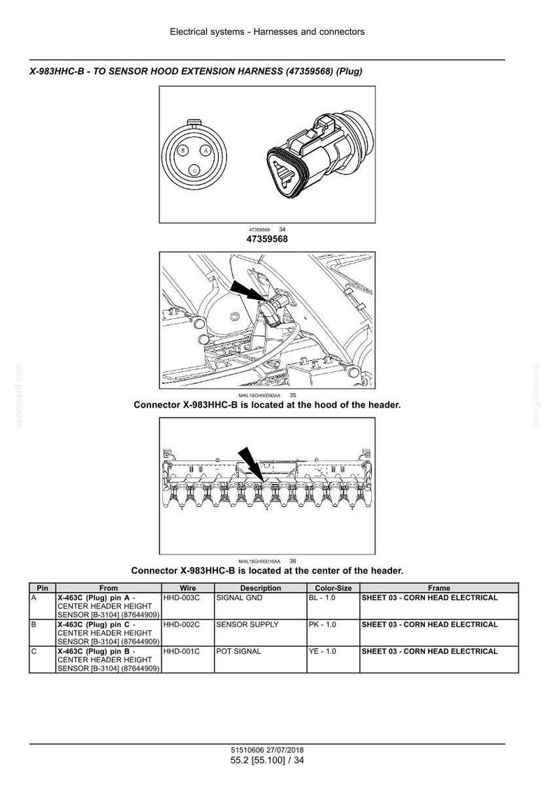 May include: Diagram of electrical connectors and harnesses, including a plug labeled X-983HHC-B. The image includes close-up views of the plug and its location, along with a table detailing pin connections, wire descriptions, and color-size information.