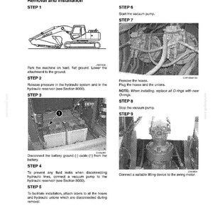 May include: A black and white diagram of a swing motor removal and installation guide. The guide includes illustrations of an excavator, hoses, and other mechanical components, with numbered steps and instructions.