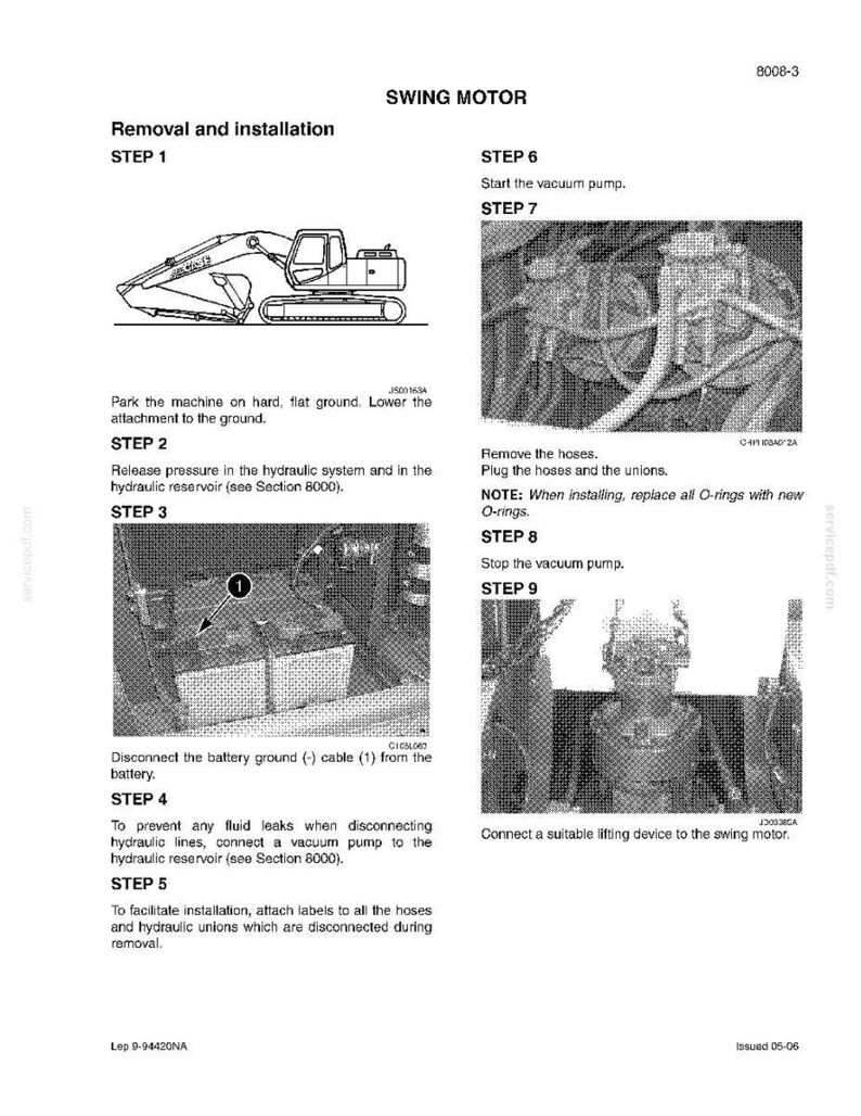 May include: A black and white diagram of a swing motor removal and installation guide. The guide includes illustrations of an excavator, hoses, and other mechanical components, with numbered steps and instructions.