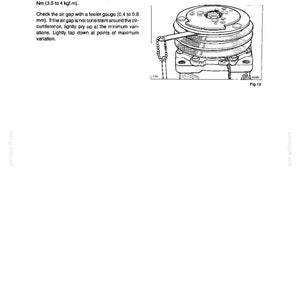 May include: A technical diagram from a New Holland manual, Section 13, showing an air conditioning compressor clutch. A feeler gauge is inserted into the air gap of the pulley assembly. Text instructions specify a torque of 35 to 40 Nm and gap of 0.4 to 0.8 mm.