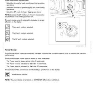 May include: Diagram of a control panel with text explaining engine speed throttle and work mode selection. The diagram shows three selectable work modes: A, H, and SP, with corresponding descriptions. Includes a section on power boost.