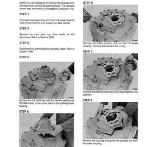 May include: A black and white technical diagram with step-by-step instructions for servicing a parking brake. The diagram includes images of mechanical components and text instructions. The text includes the title "SERVICING THE PARKING BRAKE Removal".