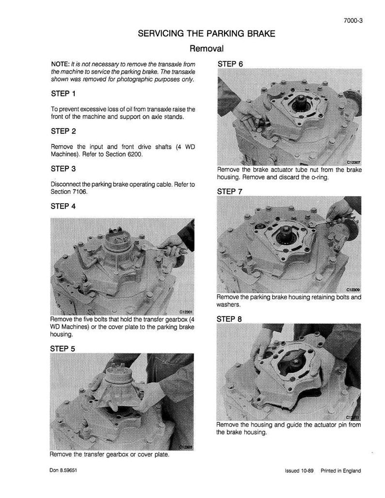 May include: A black and white technical diagram with step-by-step instructions for servicing a parking brake. The diagram includes images of mechanical components and text instructions. The text includes the title "SERVICING THE PARKING BRAKE Removal".