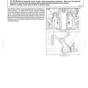 May include: Diagram of a wheel loader's auxiliary hydraulic connection system. The image includes a warning about escaping fluid and instructions for disconnecting the quick coupler. It also shows the control lever and joystick.