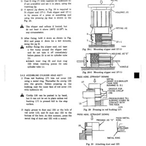 May include: A technical manual page featuring black and white line drawings of mechanical assembly processes. Diagrams labeled Fig. 28-1, 28-2, 29, and 30 illustrate the mounting of a slipper seal, rod bushing, and dust seal using various metal jigs.