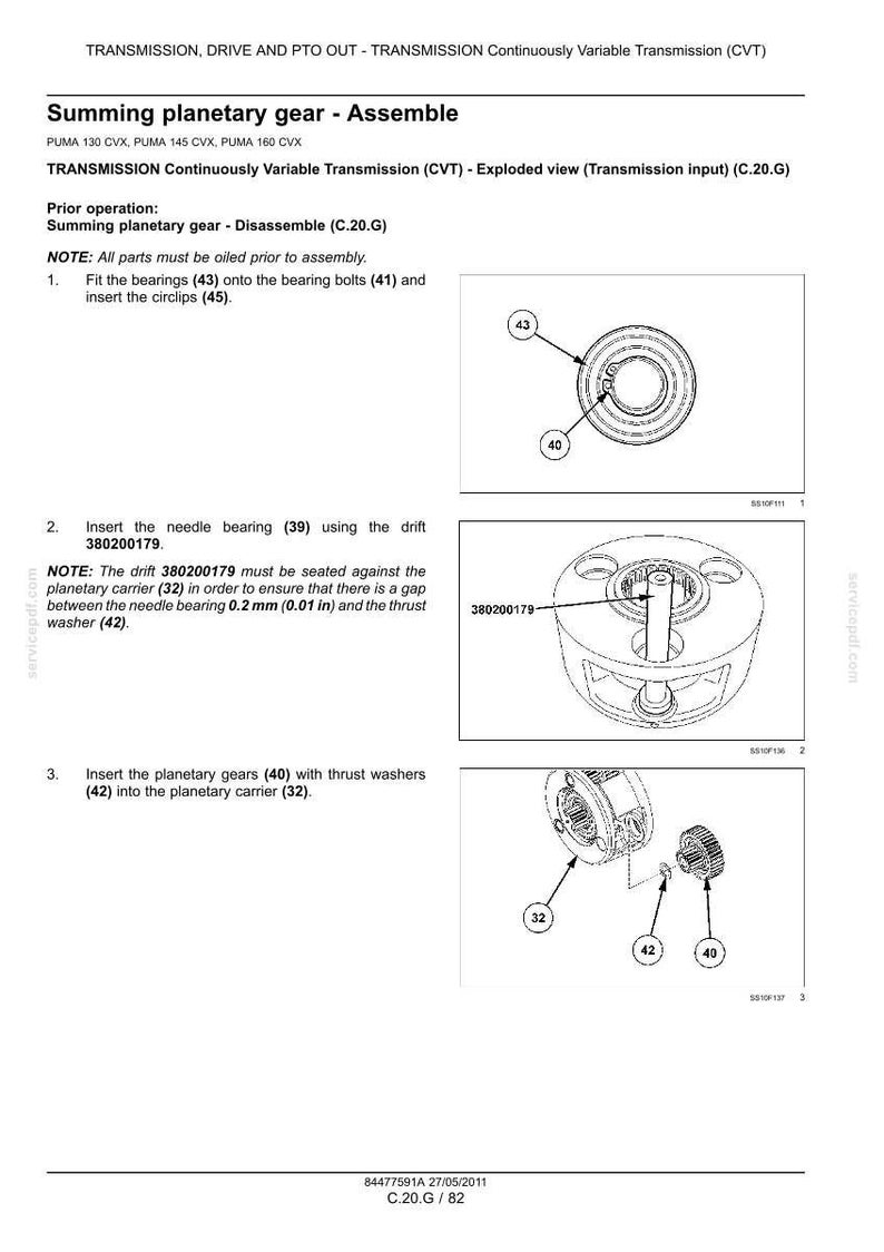 May include: Diagram of a summing planetary gear assembly for a transmission. The image includes exploded views with labels for bearings, circlips, needle bearings, planetary gears, and thrust washers. Text instructions detail the assembly process.