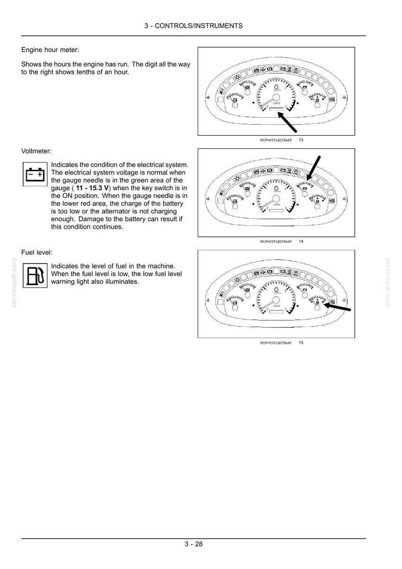 Puede incluir: Diagrama de tres paneles de instrumentos de veh&iacute;culos. El panel superior muestra un medidor de horas del motor. El panel central es un volt&iacute;metro. El panel inferior es un indicador de nivel de combustible.