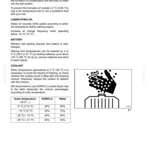 May include: A page from a manual with instructions for operating a machine in cold weather. The text covers fuel, lubricating oil, battery, and coolant. Includes a table with coolant mixture percentages based on temperature, and a diagram of a hand pouring liquid into a radiator.