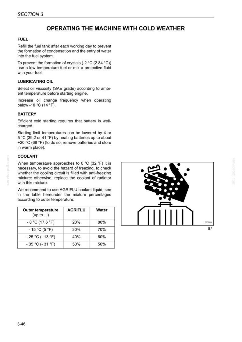 May include: A page from a manual with instructions for operating a machine in cold weather. The text covers fuel, lubricating oil, battery, and coolant. Includes a table with coolant mixture percentages based on temperature, and a diagram of a hand pouring liquid into a radiator.