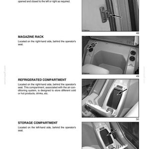 May include: Black and white diagram of vehicle interior components. Includes images of a cab door sliding window, magazine rack, refrigerated compartment, and storage compartment. Text labels identify each component.