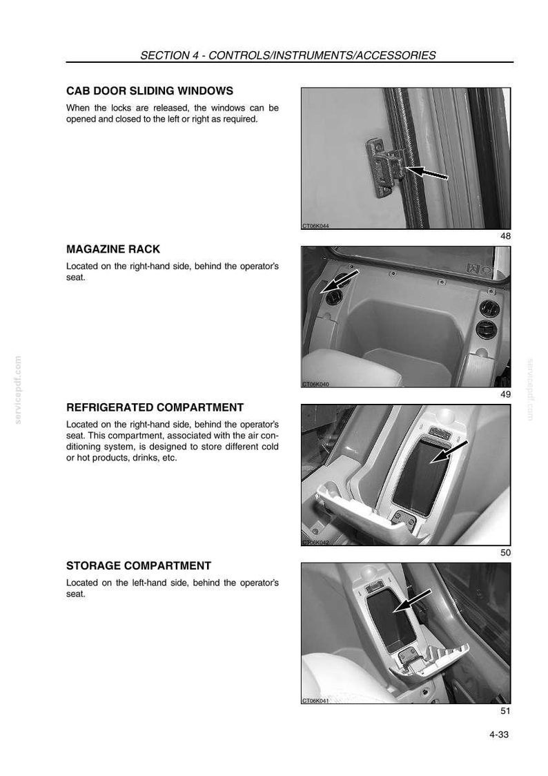 May include: Black and white diagram of vehicle interior components. Includes images of a cab door sliding window, magazine rack, refrigerated compartment, and storage compartment. Text labels identify each component.