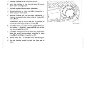 Puede incluir: Diagrama de instrucciones de mantenimiento del aceite de las unidades de reducci&oacute;n de desplazamiento. El texto detalla los pasos para comprobar los niveles de aceite, con ilustraciones de tapones de drenaje, purgadores de aire y tapones de nivel.