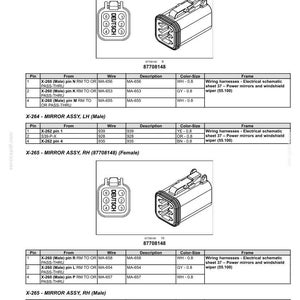 May include: Diagram of electrical connectors for mirror assemblies, including male and female connectors, with pin configurations and wire descriptions. The image includes the text "Electrical systems - Harnesses and connectors".