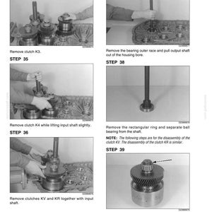 May include: A series of images from a technical manual detailing the disassembly of a mechanical component. The steps include removing clutches, bearings, and rings, with accompanying text labels and arrows.