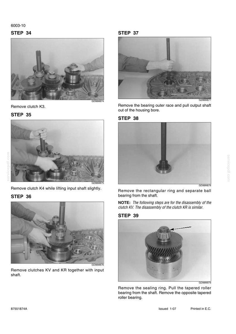 May include: A series of images from a technical manual detailing the disassembly of a mechanical component. The steps include removing clutches, bearings, and rings, with accompanying text labels and arrows.