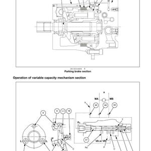 May include: Diagram of a hydraulic travel system, labeled with numbers and text. The diagram includes sections labeled "Parking brake section" and "Operation of variable capacity mechanism section."