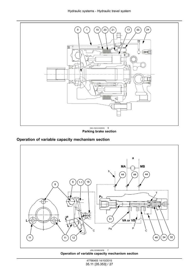 May include: Diagram of a hydraulic travel system, labeled with numbers and text. The diagram includes sections labeled "Parking brake section" and "Operation of variable capacity mechanism section."
