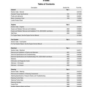 May include: A service manual for a 621D Loader, featuring a table of contents with sections on general information, engines, fuel system, electrical, and steering. The manual includes a copyright notice and is printed in the USA.