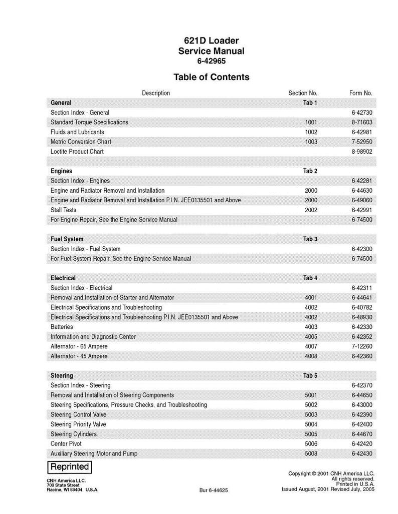 May include: A service manual for a 621D Loader, featuring a table of contents with sections on general information, engines, fuel system, electrical, and steering. The manual includes a copyright notice and is printed in the USA.