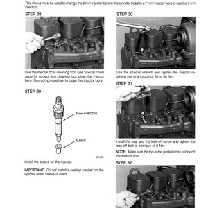 May include: Diagram of injector sleeve installation steps. Includes images of tools and components, with text instructions for each step. The text includes measurements in Nm.