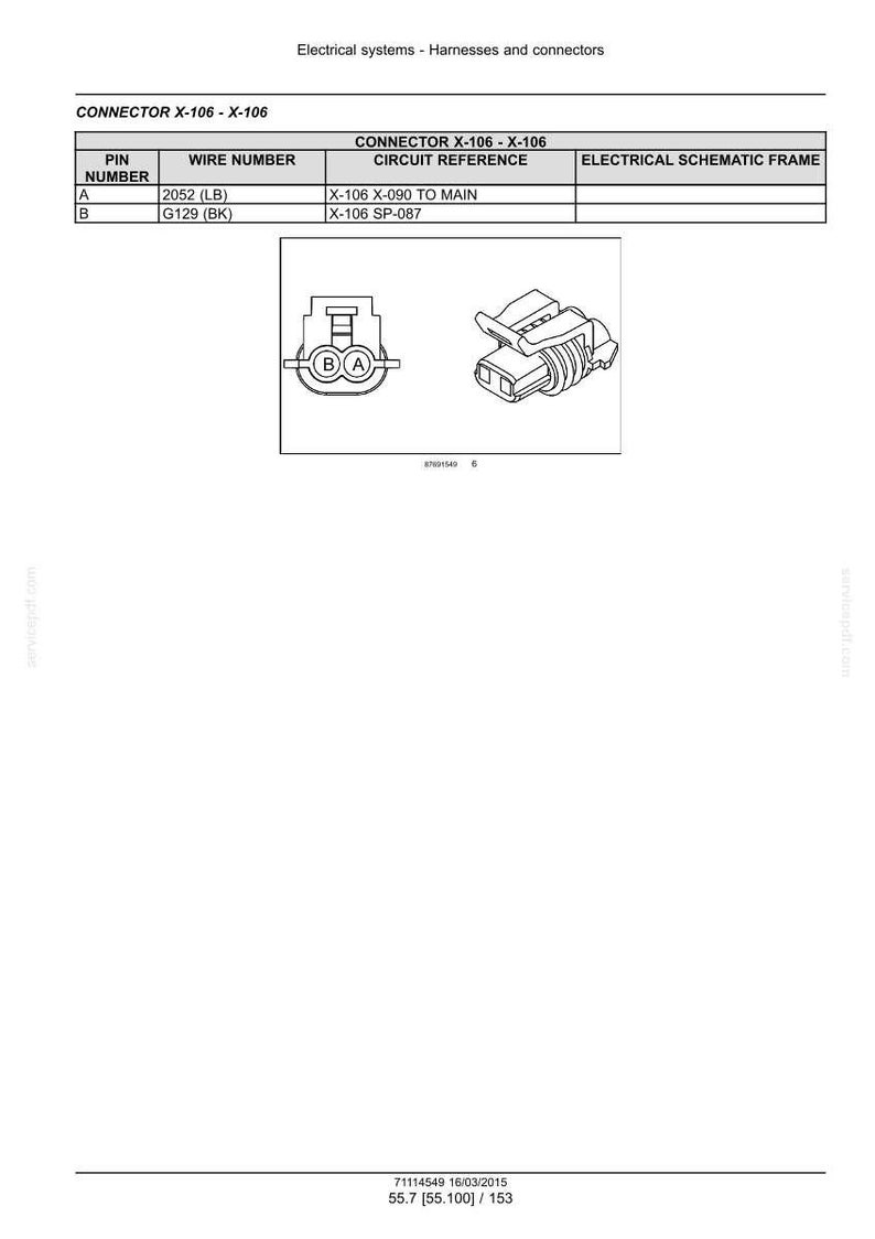 May include: Diagram of electrical connectors, labeled 'CONNECTOR X-106 - X-106'. Includes pin numbers, wire numbers, and circuit references. Two connector illustrations are shown, along with a schematic frame. Text at the top reads 'Electrical systems - Harnesses and connectors'.