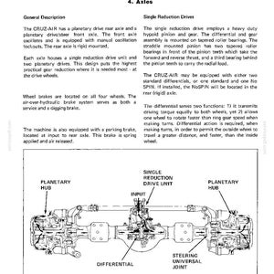 May include: Diagram of a mechanical system, labeled "DROTT. CRUZ-AIR," showing a steering axle cutaway view. The diagram includes labels for planetary hubs, a single reduction drive unit, a differential, and a steering universal joint. Text describes the system's components and functions.