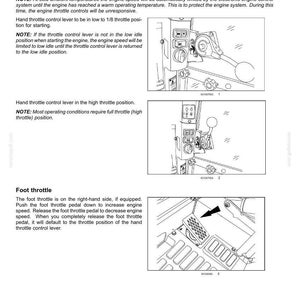 May include: A technical manual page titled 4 - OPERATING INSTRUCTIONS featuring black and white line drawings of a hand throttle control lever in low and high positions, and a foot throttle pedal with an arrow indicating the pedal location.