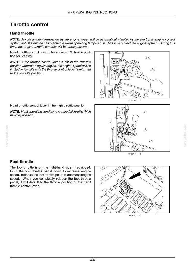 May include: A technical manual page titled 4 - OPERATING INSTRUCTIONS featuring black and white line drawings of a hand throttle control lever in low and high positions, and a foot throttle pedal with an arrow indicating the pedal location.