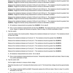 May include: A document titled "Electrical systems - FAULT CODES" with troubleshooting steps for electrical systems. Instructions include measuring resistance, testing switches, and checking voltage levels. Includes wire harness schematics.