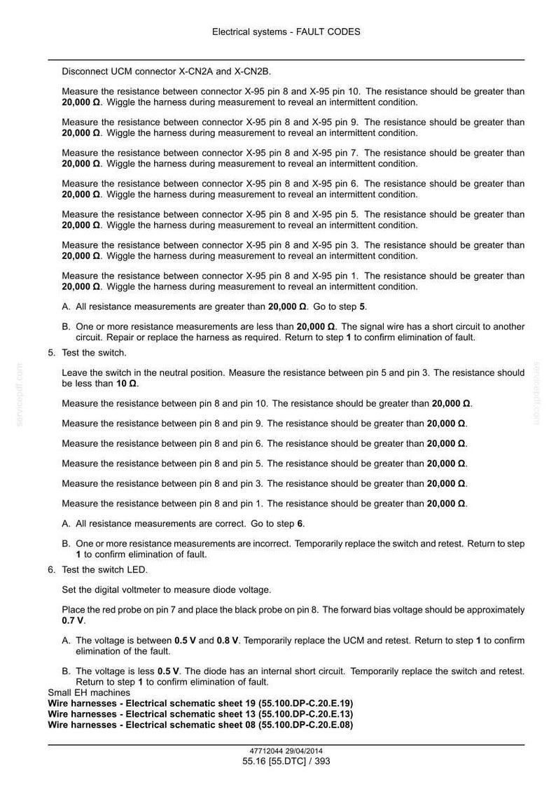 May include: A document titled "Electrical systems - FAULT CODES" with troubleshooting steps for electrical systems. Instructions include measuring resistance, testing switches, and checking voltage levels. Includes wire harness schematics.