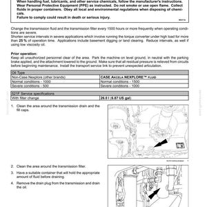 May include: A maintenance manual page detailing transmission fluid and filter servicing. Includes warnings about chemical hazards and instructions for changing the fluid and filter. The image shows diagrams of the transmission components.